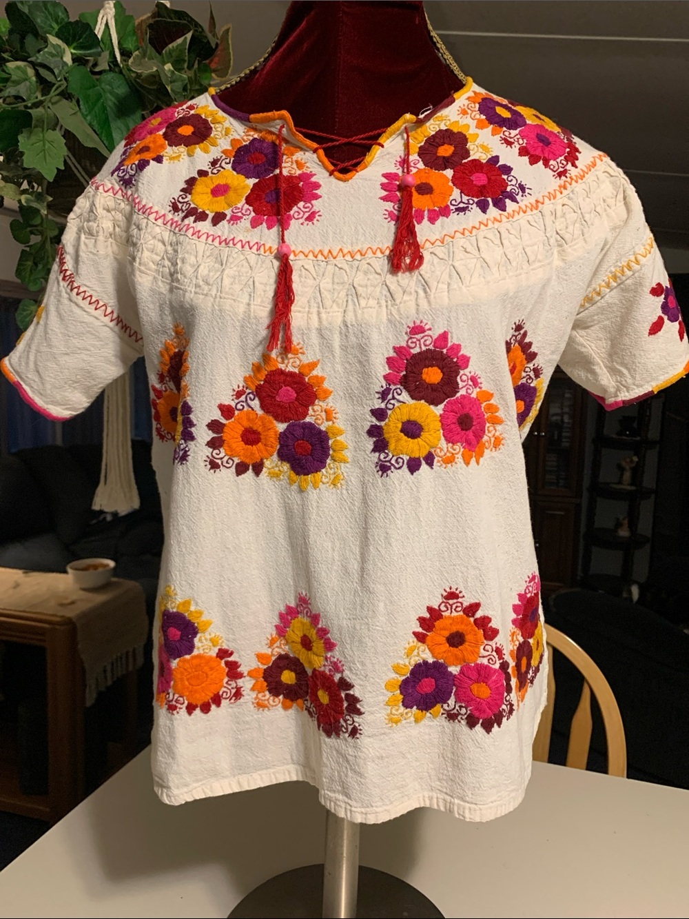 Embroidered White Mexican Peasant Blouse with Bright Floral Motif